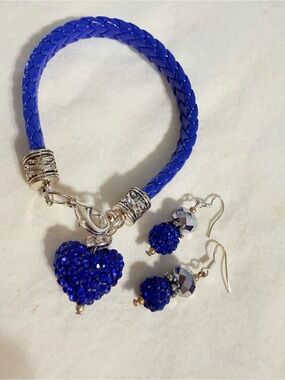 Homemade Blue Crystal Heart Bracelet and .925 Sterling Silver Earrings Set
